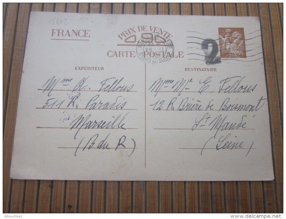 Censure 1941 Entiers Postaux (Iris)Guerre 1939-45 CPIF Militaria &gt;de Marseille Gare  Pr Saint-Mandé - Cartes Postales Types Et TSC (avant 1995)