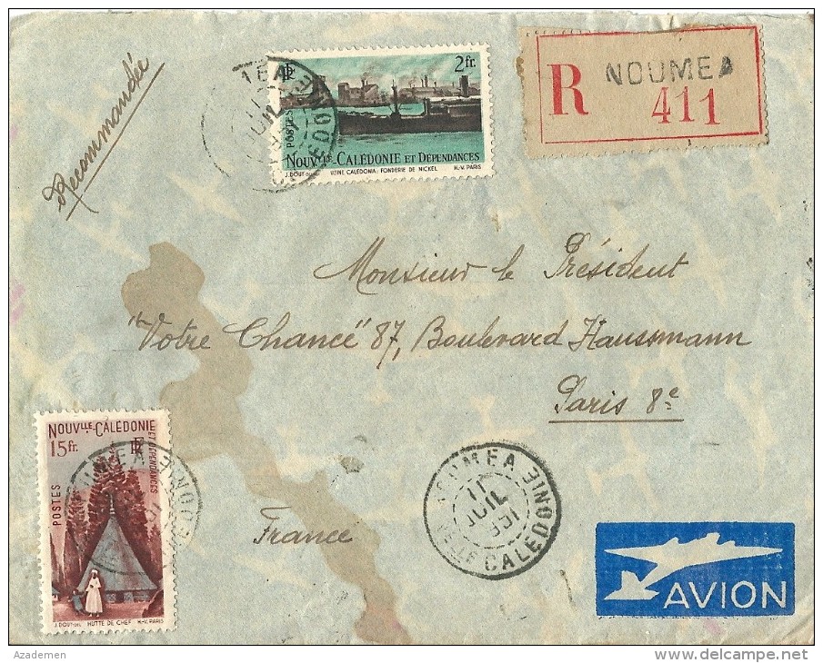 Lettre Recommandée Par Avion De NOUMEA Pour La France - Covers & Documents