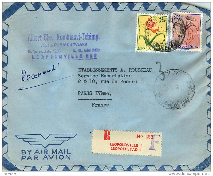 1957  Lettre  Avion Recommandée  Pour La France  Fleurs 8F, 20F - Covers & Documents