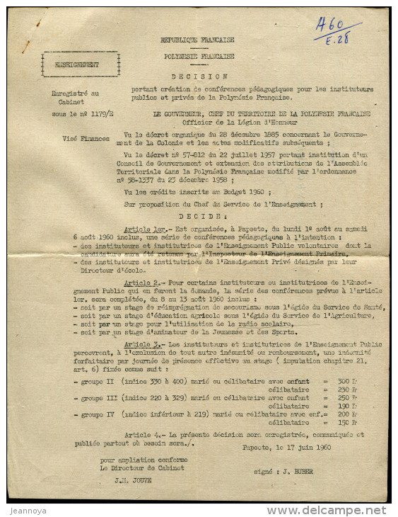 POLYNÉSIE - PAPEETE ILE TAHITI LE 27/8/1960 SUR COURRIER ADMINISTRATIF DE L´ENSEIGNEMENT - TB - Lettres & Documents