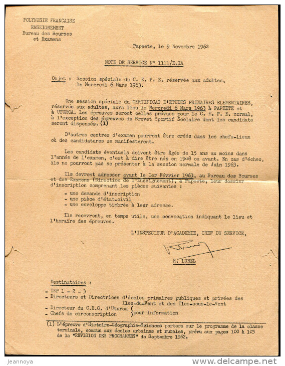 POLYNÉSIE - PAPEETE RP LE 12/11/1962 SUR COURRIER ADMINISTRATIF DE L´ENSEIGNEMENT - TB - Covers & Documents