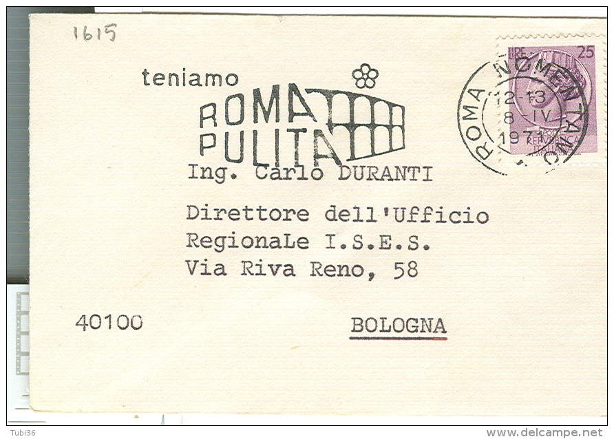 TENIAMO ROMA PULITA, TIMBRO POSTE ROMA TARGHETTA, 1971, TEMATICA INQUINAMENTO, SU B.V., NON COMUNE - Inquinamento