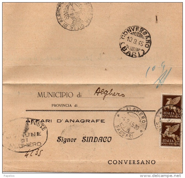 1945  LETTERA   CON ANNULLO ALGHERO SASSARI - Poste Aérienne