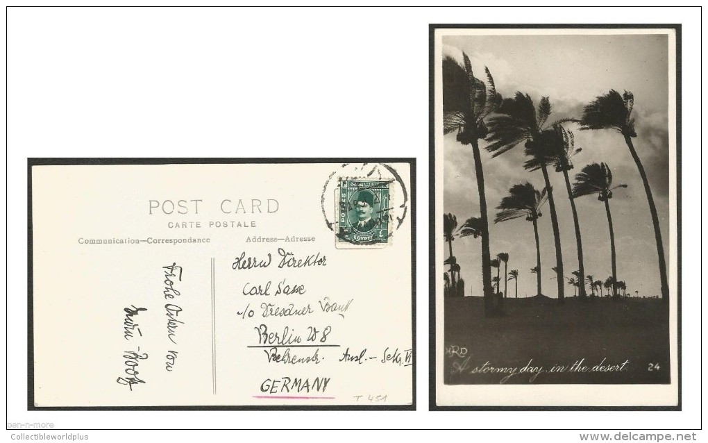 EGYPT 1935 4 MILLS KING FUAD / FOUAD POST CARD ALEXANDRIA - GERMANY "STORMY DAY IN THE DESERT" - Covers & Documents