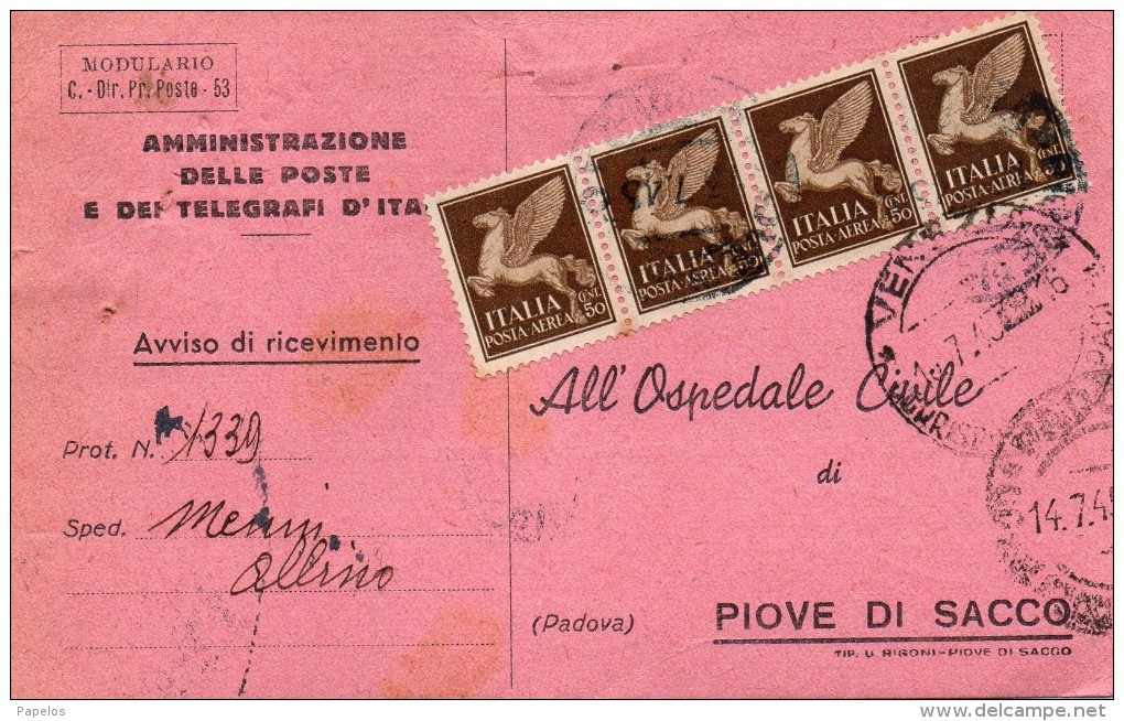 1945  RICEVUTA DI RITORNO   CON ANNULLO PIOVE DI SACCO PADOVA - Luftpost