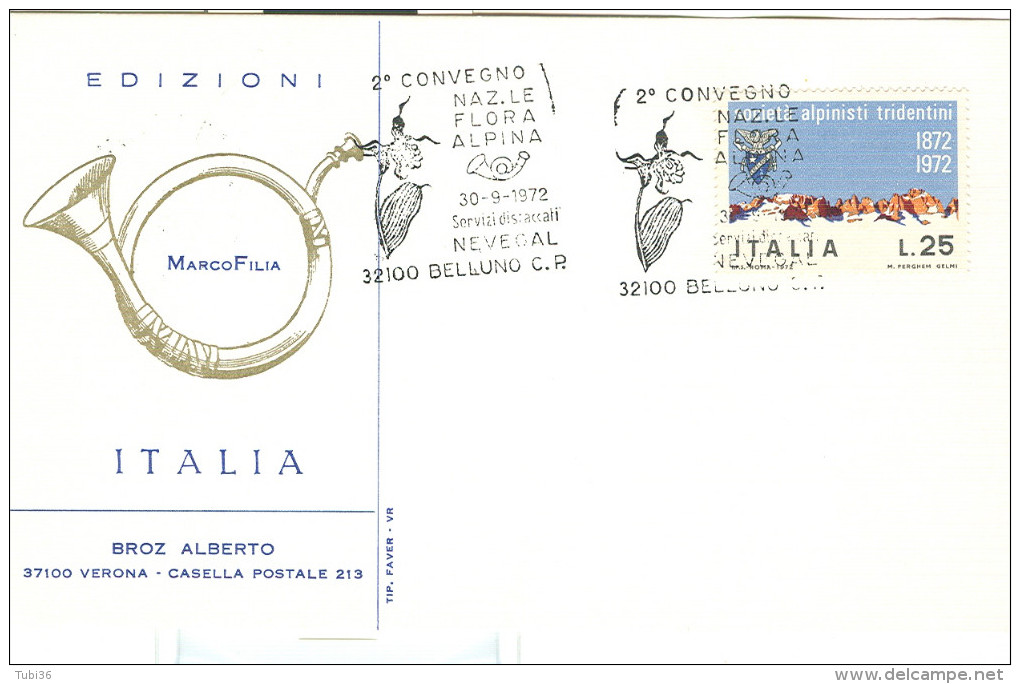 CONVEGNO NAZIONALE FLORA ALPINA, NEVEGAL, BELLUNO, 1972, ANNULLO SPECIALE FIGURATO SU CARTOLINA, - Vegetazione