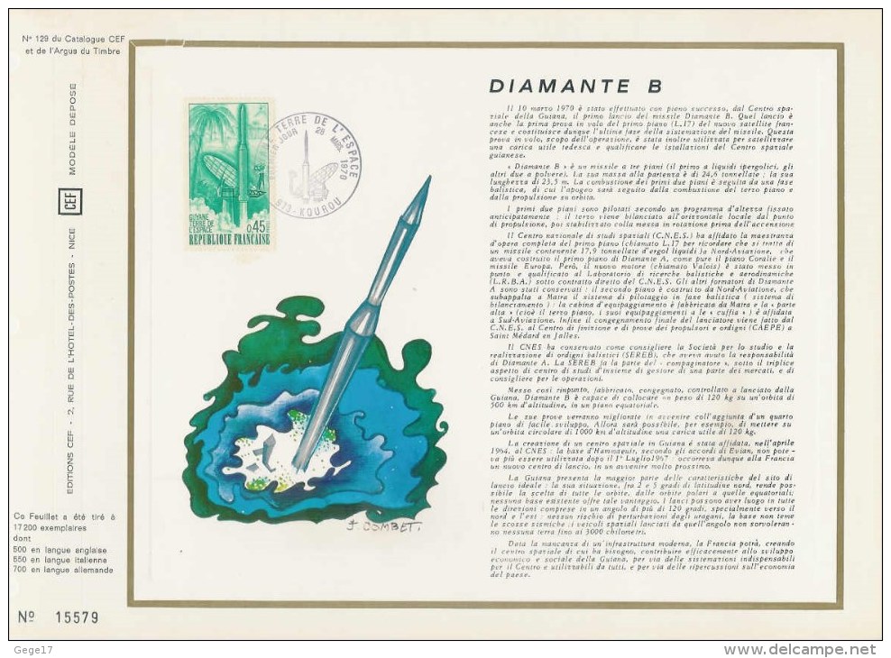 1 Feuillet CEF  N° 129  1er Jour Du 28.03.1970 - 973 Kourou (Guyane) - Lettres & Documents