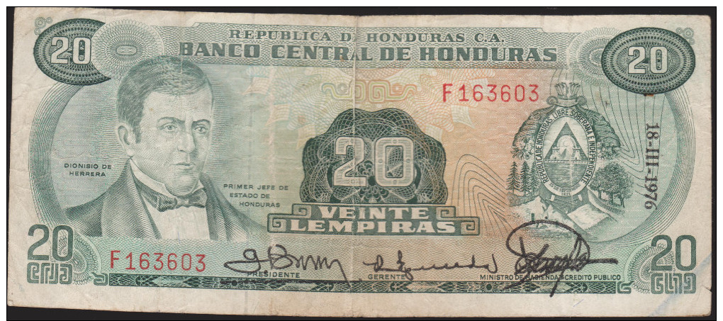 Honduras P-60  20 Lempiras, 18 De Marzo 1976 HERRERA NICE RARE NOTE - Honduras