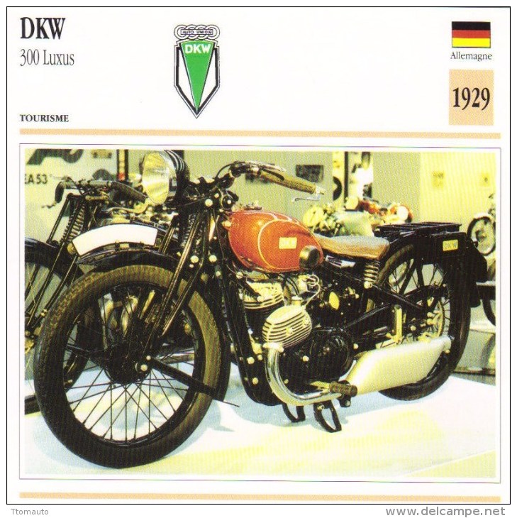 Fiche Technique Moto (Touring)  -  DKW 300 Luxus    -  1929  -  Carte De Collection - Motorfietsen