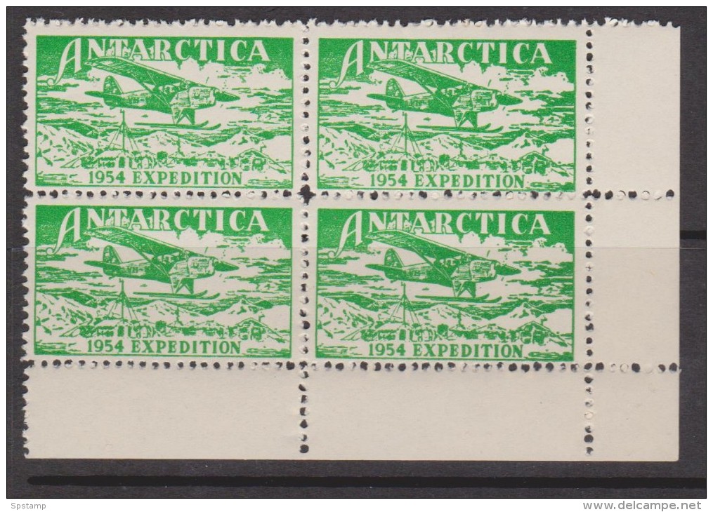 Australian Antarctic Territory 1954 Expedition Label Green Plane Over Camp Block Of 4 MNH - Other & Unclassified