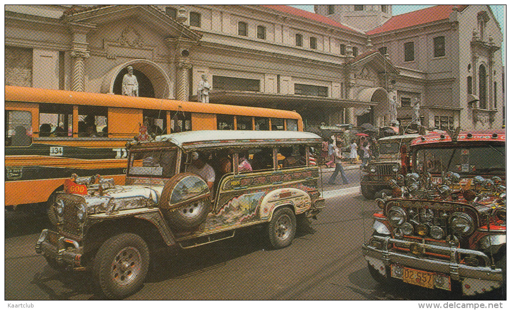 Philippines: JEEP JEEPNEYS - Quiapo Cathedral , AUTOBUS/COACH ( & Red Metermark P=02.00 - Pilipina's Postage) - Trucks, Vans &  Lorries