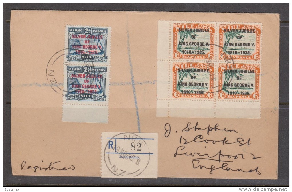 Niue 1935 KGV Silver Jubilee Registered Cover To England , Pair Of 2&1/2d & Block 4 6d  19 Nov 35 Cds - Niue