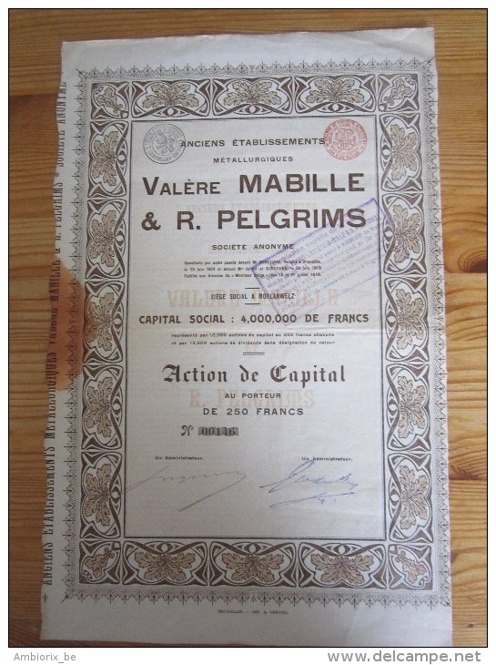 Anciens établissements Métallurgiques Valère Mabille Et R Pelgrims - Action De Capital De 250 Francs - Industrie
