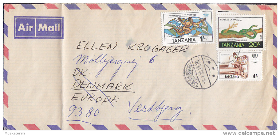 Tanzania Airmail Par Avion DAR ES SALAAM 1990 Cover Brief To TJÆREBORG Denmark 20 Sh. Snake Reptile Green Mamba - Tanzania (1964-...)