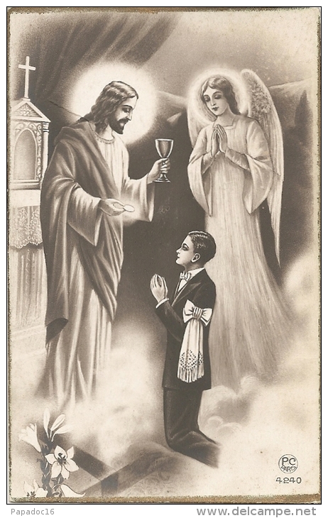 [Souvenir De Première Communion] : Communiant, Christe, Ange, Calice, Hostie - éd. P-C N° 4240 (écrite) - Communion