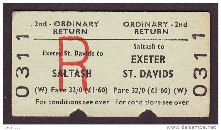 BR Railway Edmondson Ticket Saltash - Exeter St Davids 2nd Class Ordinary Return - Europe