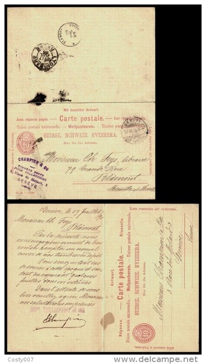 Switzerland 1893 Postal History Rare Postcard Postal Stationery With Reply Geneva To Blamon France D.226 - Covers & Documents