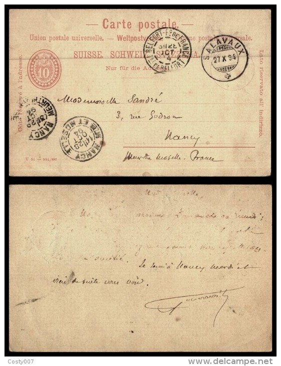 Switzerland 1894 Postal History Rare Postcard Postal Stationery Salavaux To Nancy Via Belfort D.227 - Covers & Documents