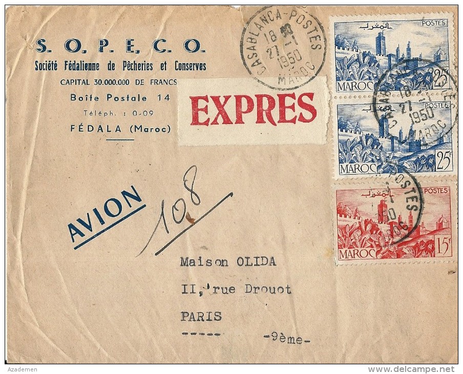 Lettre EXPRES Par Avion De CASABLANCA Pour La France 1950 - Lettres & Documents