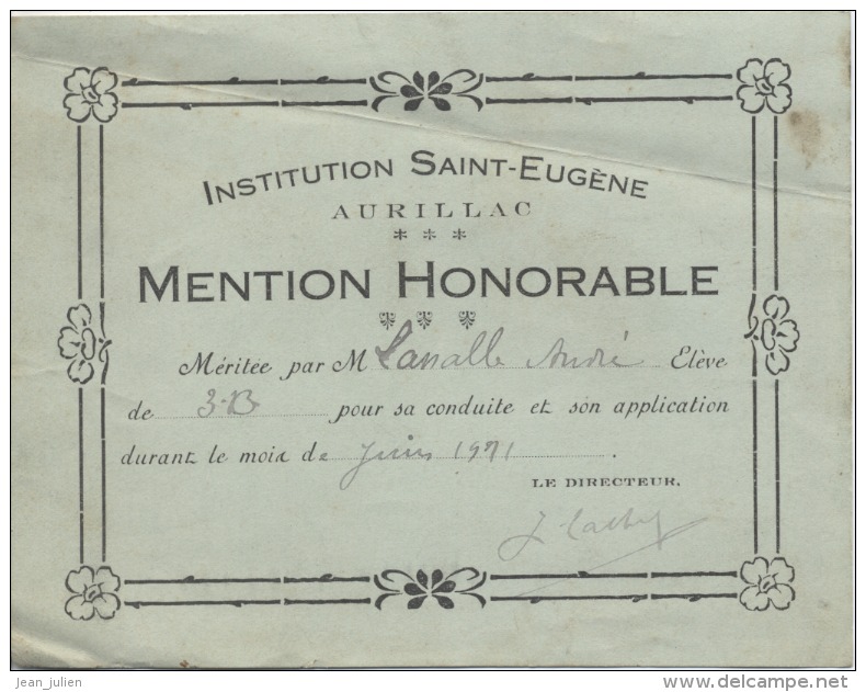 15  -  AURILLAC -   Institution Saint Eugene  - Mention Honorable  -  LASSALLE René -  1911 - Diplômes & Bulletins Scolaires