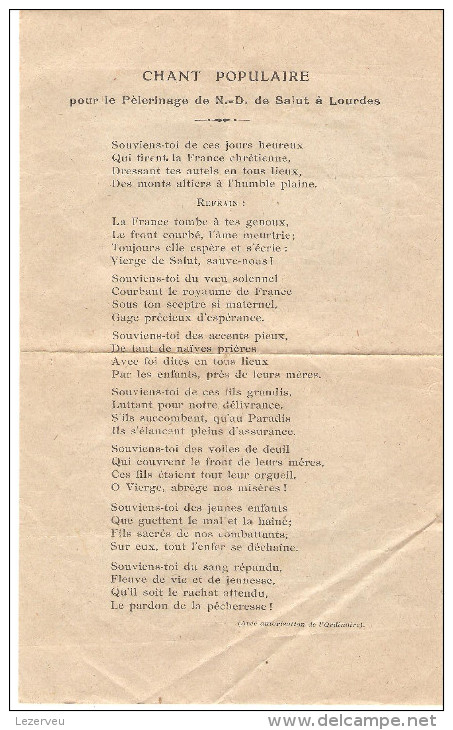 HORAIRE TRAIN DE BORDEAUX PELERINAGE NATIONAL A LOURDES 1915 VERSO CHANT POPULAIRE RELIGIEUX - Europe