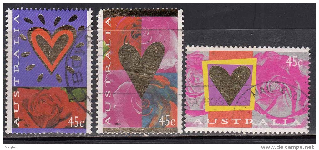 Australia 3 Diff., Used 1995, 1996, Valentine's Day, Rose Flower, (sample Image) - Used Stamps