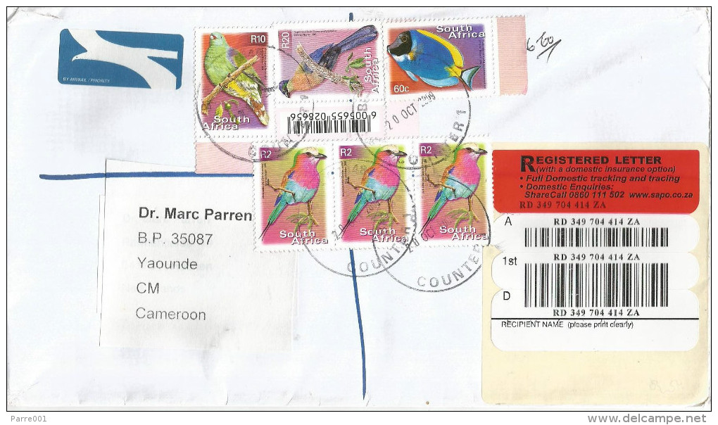 South Africa 2009 Big Bay Powder Blue Surgeon Fish Roller Taraco Green Pigeon Registered Cover - Brieven En Documenten