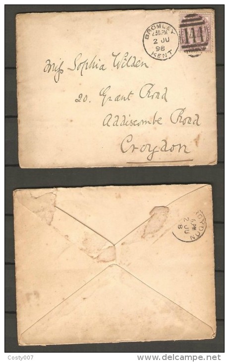 Great Britain 1898 Postal History Rare Victoria Cover CROYDON - BROMLEY KENT D.239 - Briefe U. Dokumente