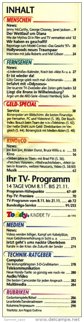 TV  Today  Zeitschrift  -  8.11. 1997  -  Mit : Der Wettlauf Um Diana  -  Julia Roberts Und Mel Gibson - Film & TV