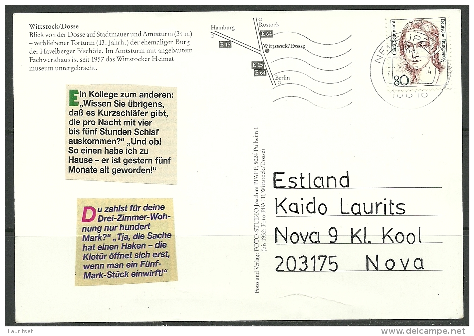 Deutschland Ansichtskarte Wittstock Dosse 1993 Nach Estland Gesendet - Wittstock