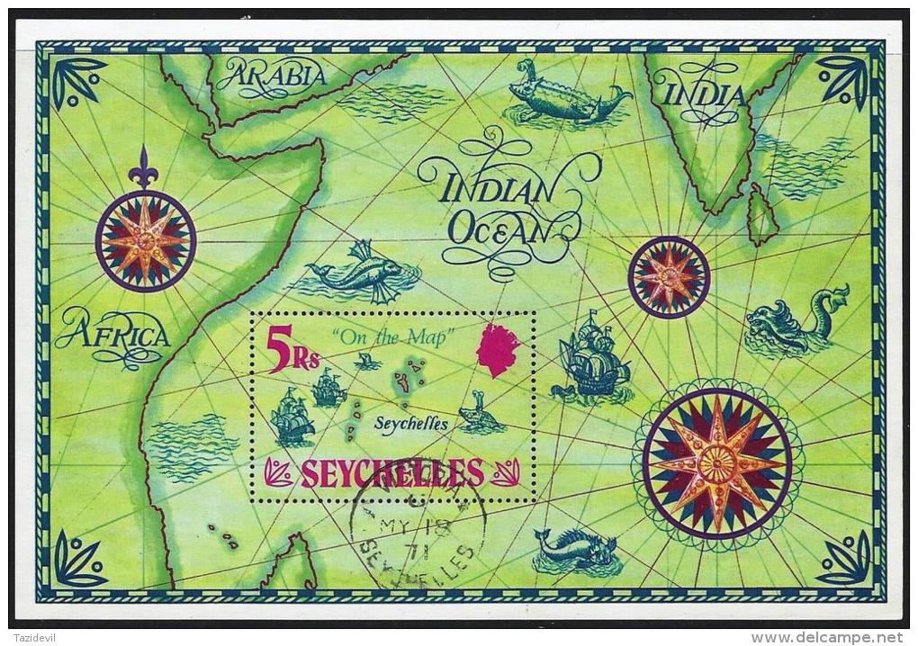 SEYCHELLES - 1971 Map, Flag, Sailing Ships Souvenir Sheet. Scott 284. Cancelled To Order. Used - Seychelles (1976-...)