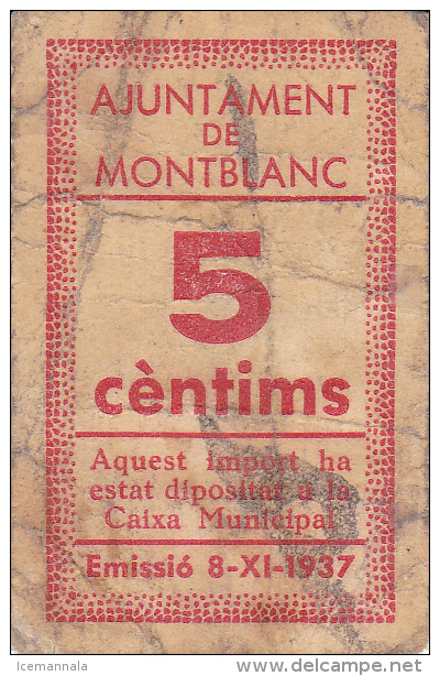 BILLETE LOCAL GUERRA CIVIL 5 CTS AYUNTAMIENTO DE MONTBLANC - Autres & Non Classés