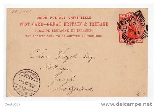 Great Britain 1893 Postal History Rare Postcard Plymouth Squared Circle On Card To Switzerland D.295 - Cartas & Documentos