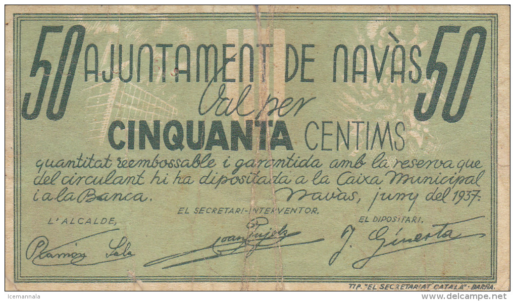 BILLETE LOCAL GUERRA CIVIL 50 CTS AYUNTAMIENTO DE NAVAS - Autres & Non Classés