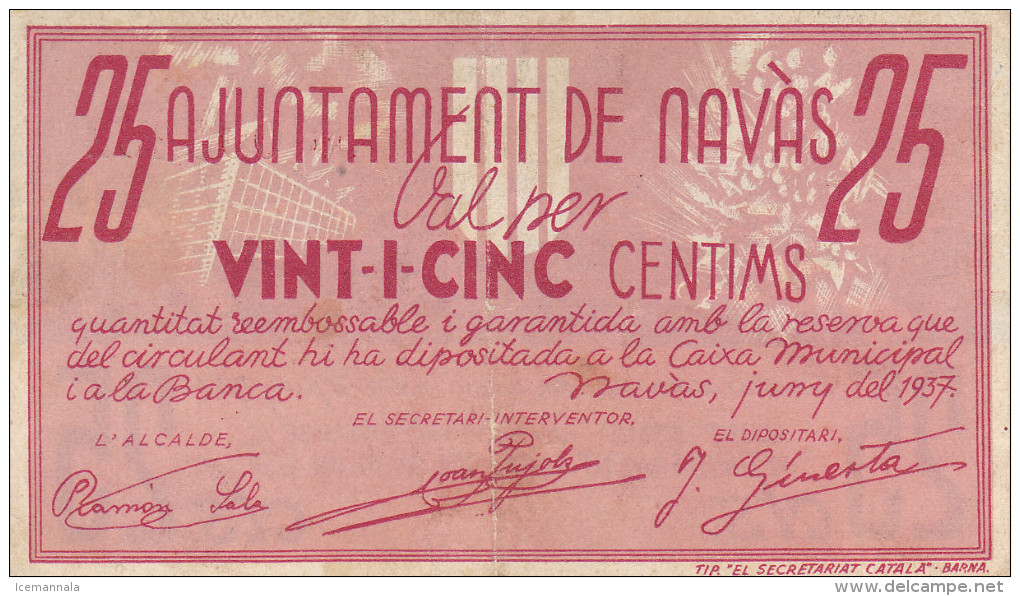 BILLETE LOCAL GUERRA CIVIL 25 CTS AYUNTAMIENTO DE NAVAS - Autres & Non Classés