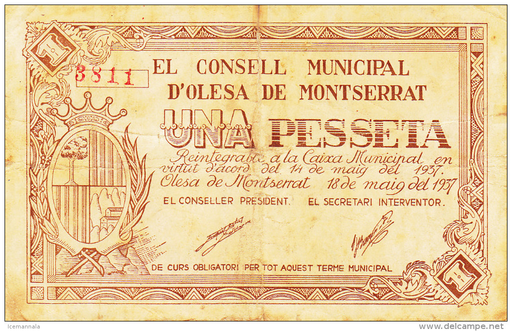 BILLETE LOCAL GUERRA CIVIL 1 PTS CONSELL MUNICIPAL D`OLESA DE MONTSERRAT - Autres & Non Classés