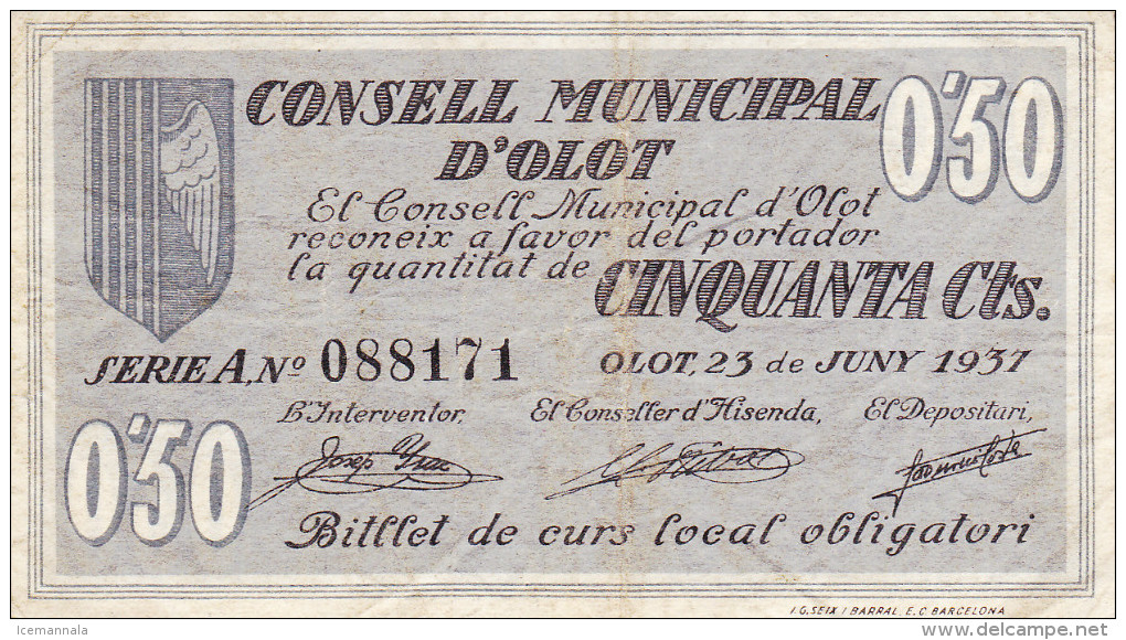 BILLETE LOCAL GUERRA CIVIL  0`50 CTS ONSEL MUNICIPAL D`OLOT - Autres & Non Classés