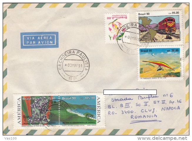 STAMPS ON COVER, NICE FRANKING, FLOWERS, TRAIN, DELTAPLANE, 1991, BRAZIL - Covers & Documents