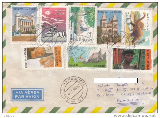 STAMPS ON COVER, NICE FRANKING,DINOOSAURS, CHURCH, YANOMAMI INDIAN, 1992, BRAZIL - Brieven En Documenten