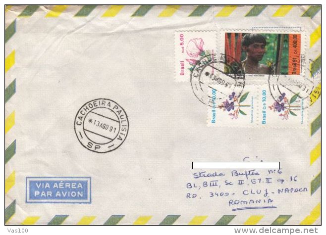 STAMPS ON COVER, NICE FRANKING, FLOWERS, YANOMAMI INDIAN, 1991, BRAZIL - Lettres & Documents