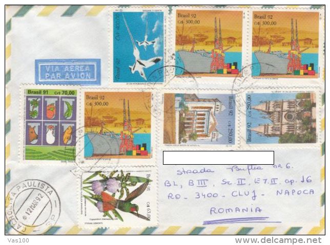 STAMPS ON COVER, NICE FRANKING, FLOWER, SHIP, CHURCH, BIRD, 1992, BRAZIL - Cartas & Documentos