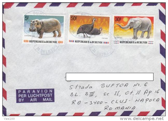 STAMPS ON COVER, NICE FRANKING, HIPPOPOTAMMUS, GUINEA CHICKEN, ELEPHANT, 1991, BURUNDI - Used Stamps