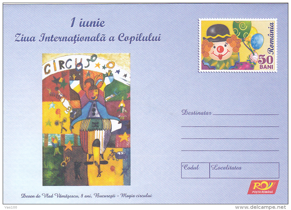 INTERNATIONAL CHILDREN` S DAY, CIRCUS, POSTAL STATIONERY, UNUSED COVER, ROMANIA, CODE 107/ 2006 - Postal Stationery