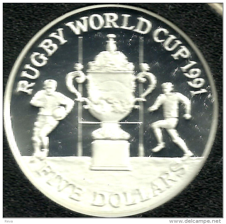 NEW ZEALAND $5 DOLLARS RUGBY WORLD CUP SPORT FRONT QEII HEAD BACK 1991 AG SILVER PROOF KM?READ DESCRIPTION CAREFULLY!!! - New Zealand