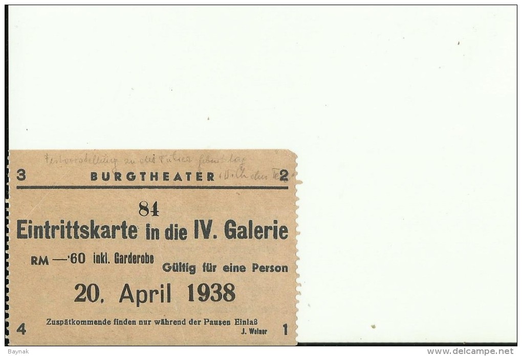 WIEN, AUSTRIA  -- 2 X  EINTRITSKARTE  BURGTHEATER  --  1938 - Eintrittskarten