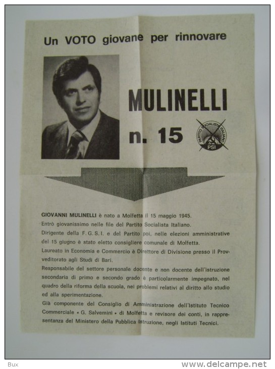 1976 MOLFETTA  GIOVANNI MULINELLI  BUSTA LETTERA VOLANTINO ELEZIONI PARTITO POLITICO  PSI - Manifesti