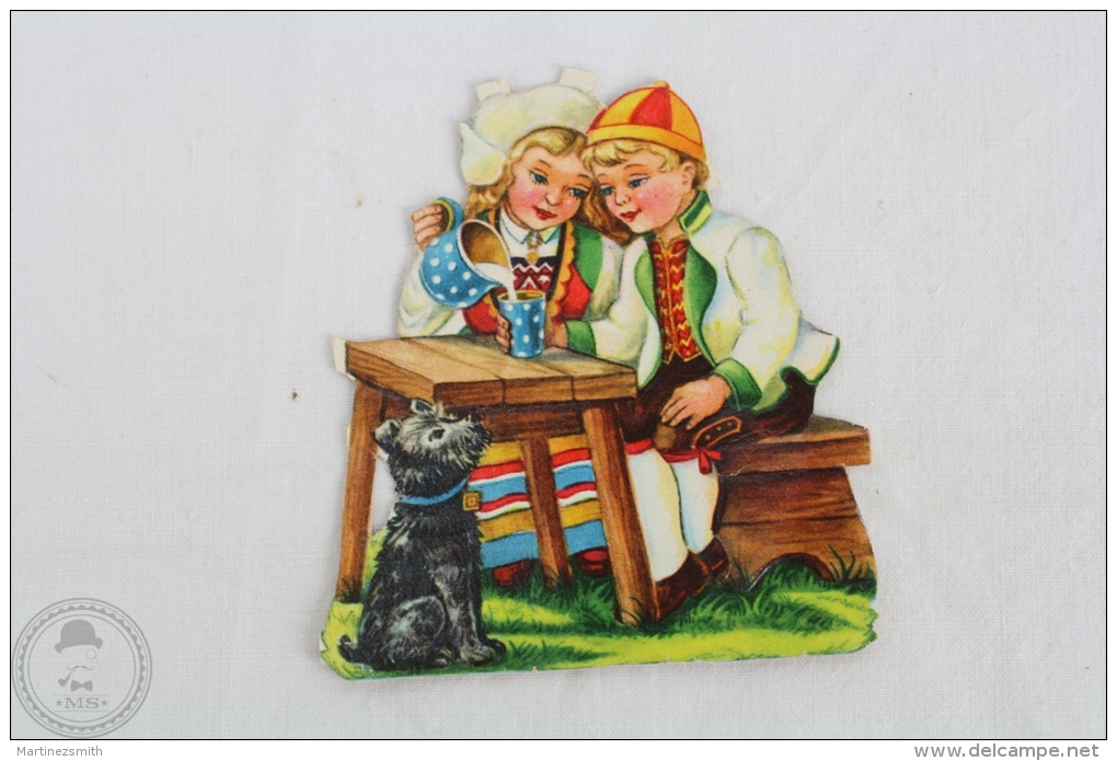 1900´s Old Illustration: Girl And Boy Drinking Milk - Germany Victorian Embossed, Die Cut/ Scrap Paper - Enfants