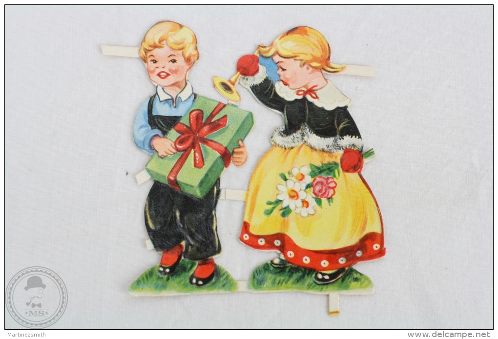 1900´s Old Illustration: Girl & Boy With Ghift And Flowers - Germany Victorian Embossed, Die Cut/ Scrap Paper - Infantes