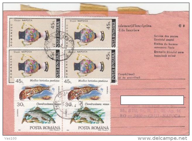 STAMPS ON RECEIVING CONFIRMATION, NICE FRANKING, PORCELAIN, FISH, 1992, ROMANIA - Cartas & Documentos