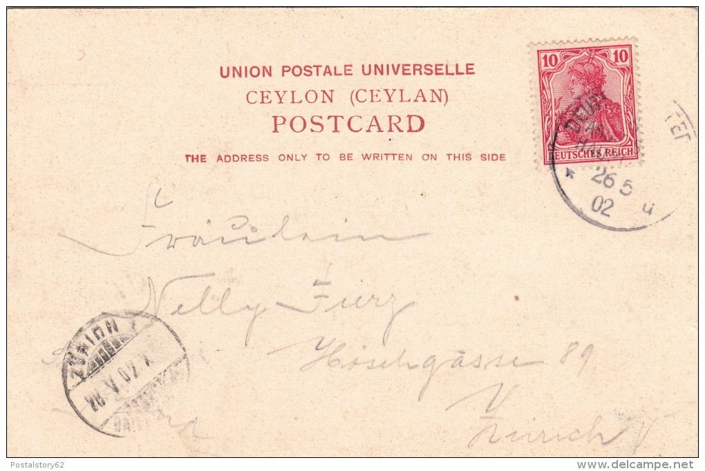 10 Deutches Reich Su Colombo, Ceylon Post Card To Zurigo 1902 - Andere & Zonder Classificatie